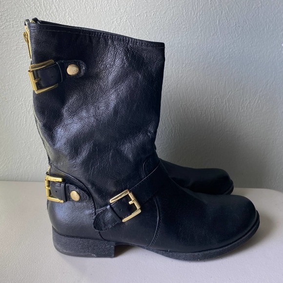 Steve Madden Enngage Black Leather Mid Calf Boots Moto Style Gold Women's Size 8 - Picture 7 of 16